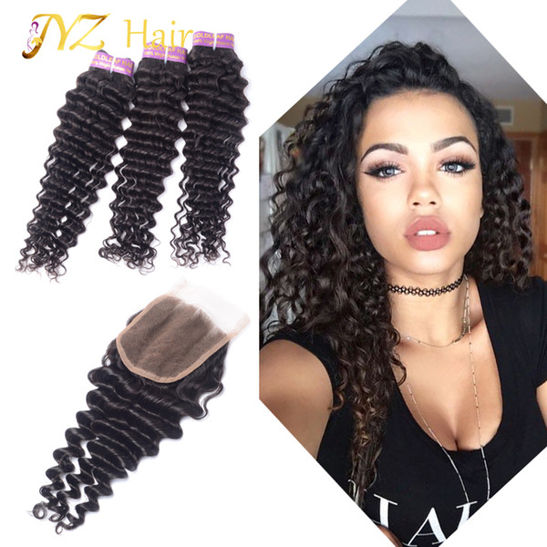 JYZ Malaysian Virgin Hair Deep Wave With Lace Closure 4x4 Lace Closure With Bundles Curly Weave Malaysian Virgin Human Hair