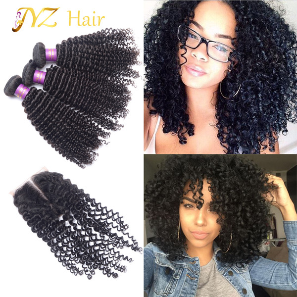 JYZ Brazilian Virgin Hair with Closure Brazilian Kinky Curly with Closure 3 Bundles Unprocessed Human Hair Bundles with Lace Closures