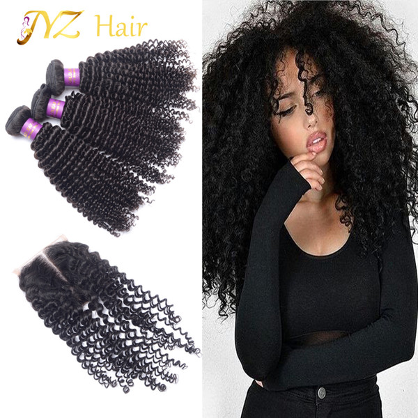 JYZ Peruvian Virgin Hair With Closure Peruvian Kinky Curly Closure 3 Bundles With Closure JYZ Hair Bundles With Lace Closures