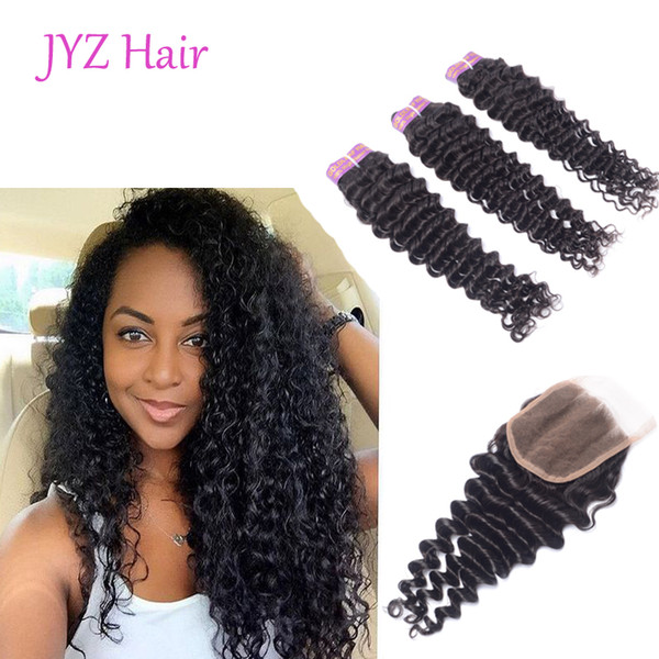 Peruvian Deep Wave With Closure 3 Bundles Peruvian Virgin Hair With Closure 7a Peruvian Curly Hair Human Hair With Closure