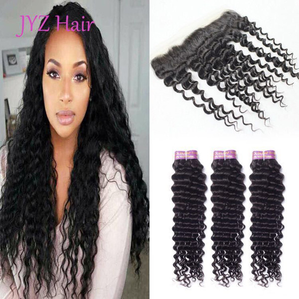 Peruvian Deep Wave Virgin Human Hair Malaysian Indian Malaysian Human Hair Extensions With 13x4 Lace Frontal Closure Free Drop 