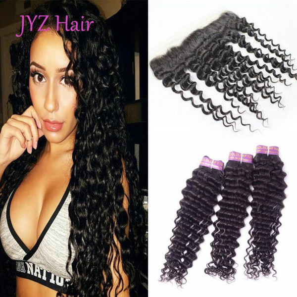 Free Drop Indian Malaysian Brazilian Peruvian Virgin Human Hair Deep Wave 3 Bundles With 13x4 Lace Frontal Closure For Black Women