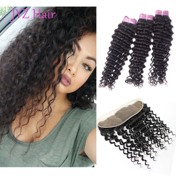 Indian Human hair Deep Wave 3 bundles with 1pc lace frontal Hair Wefts With Closure Extensions Dyeable Unprocessed Hair Products