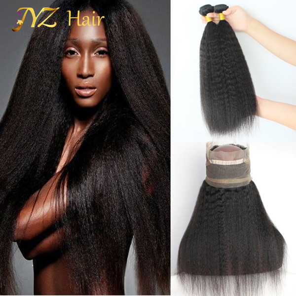 JYZ 360 Lace Frontal Kinky Straight With 2 Bundles Hair Weave Peruvian Virgin Hair Glueless Pre Plucked Bleached Knots Frontal With Bundles