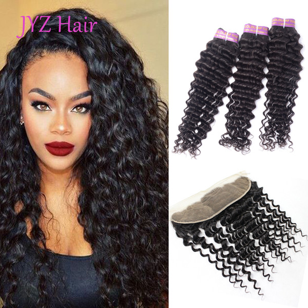 Peruvian Human Hair Deep Wave 3 Bundles With 13x4 Lace Frontal Human Hair Extensions Wefts With Closure Lace Frontal Unprocessed Virgin Hair