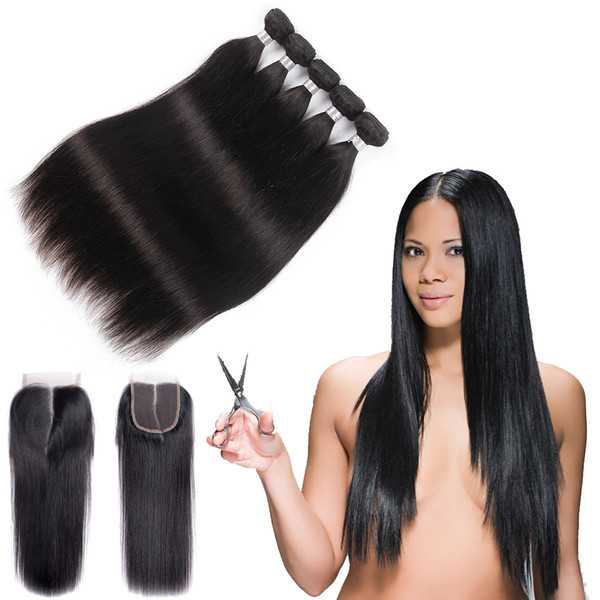 8A Brazilian Hair Bundles with Closure Unprocessed 100% Human Hair Weave with Lace Closure Three Part Brazilian Straight