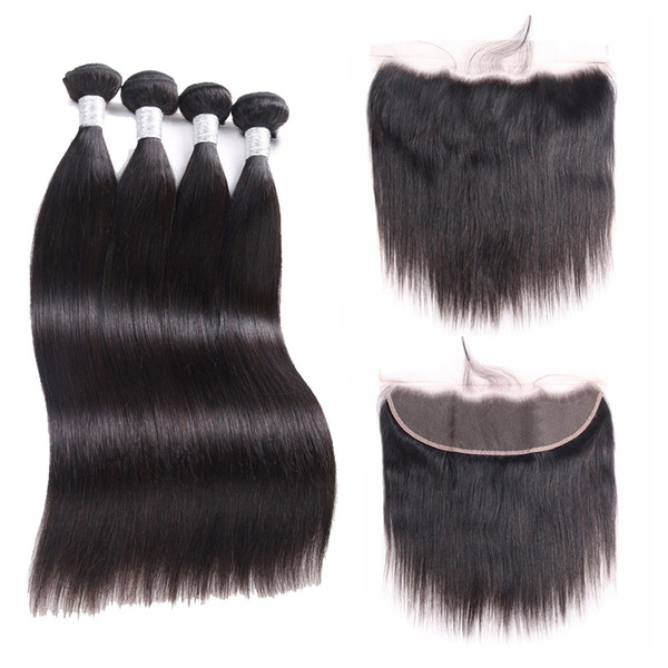 Purevian Virgin Hair Straight with lace Frontal 4Pcs Ear to Ear Lace Frontal Closure straight Virgin Hair 13x4 Frontal With Bundles Deals