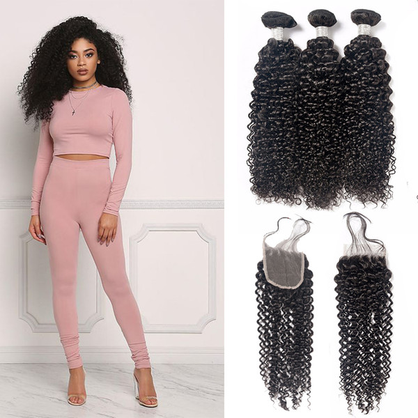 4Bundles Brazilian Kinky Curly Non Remy Human Hair Weave 4*4 Lace Closure With 4Bundles Monogolian Kinky Curly Hair