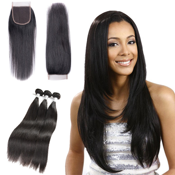 Brazilian Straight Hair Bundles With 4x4 Closure Unprocessed Brazilian virgin Hair Straight With Lace Closure Cheap Human Hair Extensions