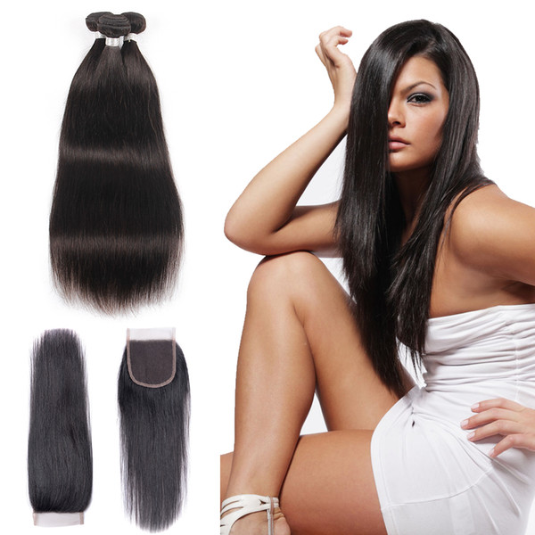 Brazilian Straight Virgin Hair Weaves 3 Bundles with Lace Closures 8A Grade Unprocessed Malaysian Peruvian Indian Cambodian Remy Human Hair