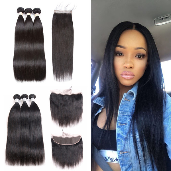 Brazilian Straight Hair 3 Bundles With Frontal Baby Hair 100% Human Hair Ear To Ear Lace Frontal Closure With Bundles