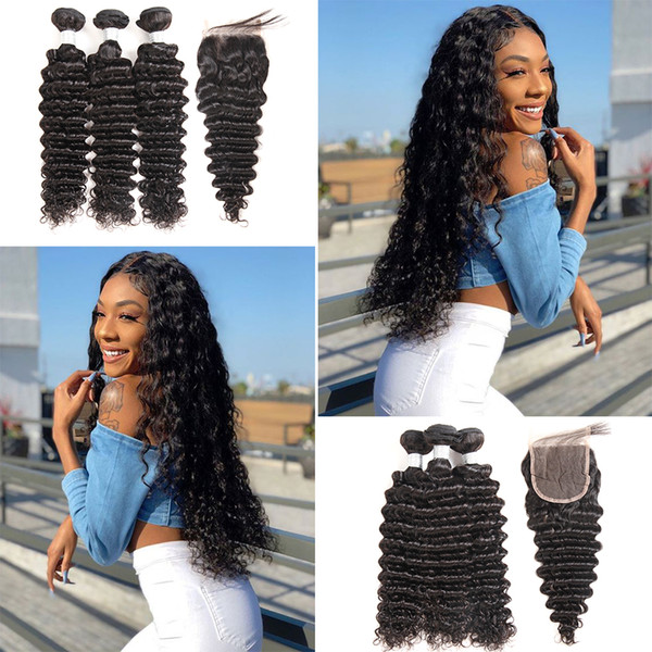 U CAN Human Hair Deep Wave Bundles With Closure Non-Remy Malaysian Hair Bundles With Closure 3 Bundles With Closure