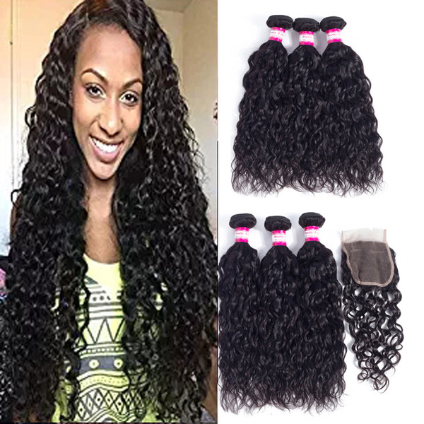 Brazilian Water Wave Virgin Hair Extensions Wholesale 3Bundles With 4x4 Lace Closure Peruvian Human Hair Bundles With Closure