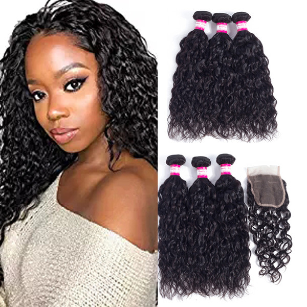 Cheap Brazilian Human Hair Bundles With Lace Closure 4*4 Water Wave Peruvian Hair Water Wave Virgin Hair Extensions Water Curly