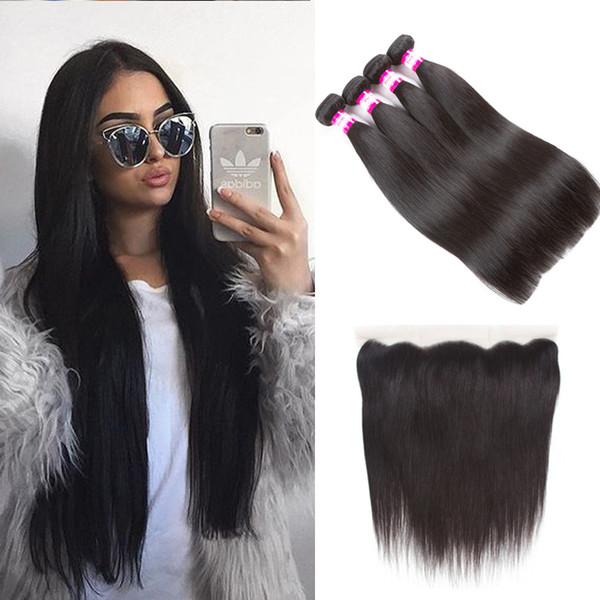 8A brazilian straight hair 3 bundles with lace frontal closure with baby hair human hair weave natural black