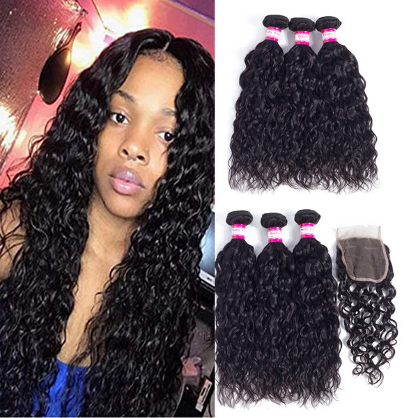 Wholseale Brazilian Water Hair 3 Bundles With Closure 8A Brazilian Virgin Hair Curly Wave With 4x4 Closure Unprocessed Brazilain Hair