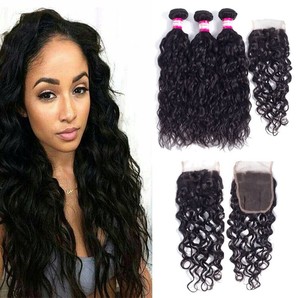 Water Human Hair Bundles With 4*4 Lace Closure Cheap Human Hair Extensions 4Bundles Wet And Wavy With Closure Brazilian Hair