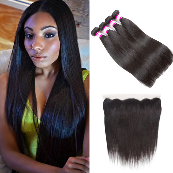 Malaysian Straight hair 3 bundles with closure double weft remy human hair bundles with closure 13x4 lace frontal tangle fre