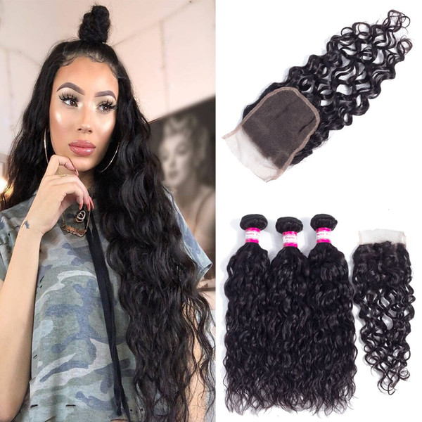 3 Bundles Water Wave Peruvian Brazilian Virgin Hair Extensions With Top Lace Closure 4x4 water wave Unprocessed Remy Human Hair Weave