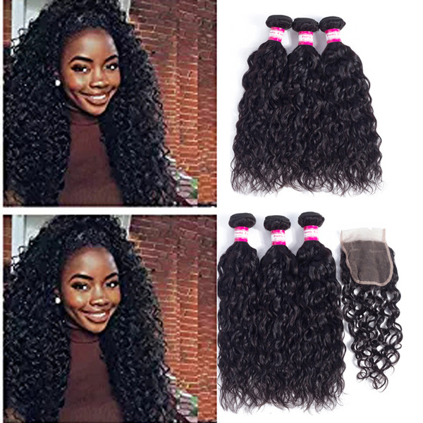 Brazilian Human Hair Weaves 3 Bundles With 4x4 Lace Closure Cheap Water Curly Hair Wefts with closure with baby hair