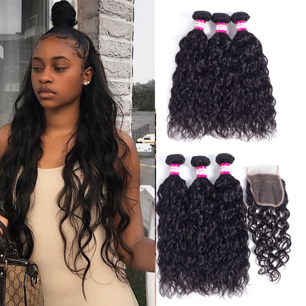 Water Wave With 4x4 Lace Swissl Closure Lace With Bundles Brazilian Water Wave bundles with closure