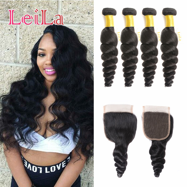 Peruvian 5pieces/lot Virgin Hair bundles with Lace Closure Loose Wave 100% Human Hair for your beauty