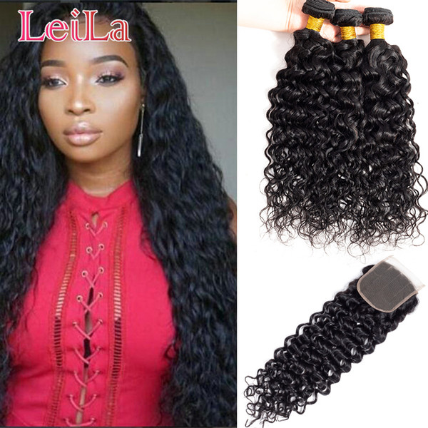 Brazilian Virgin Hair 3 Bundles With 4X4 Water Wave Bundles With Top Closures Wet And Wavy 4pieces/lot Hair Extensions