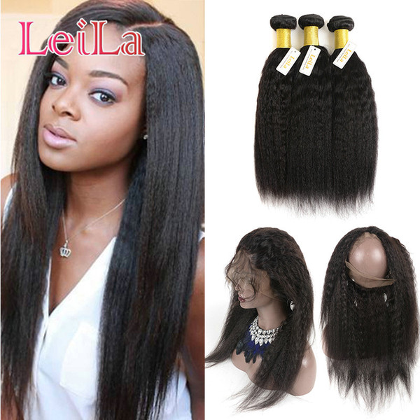 Peruvian Virgin Hair 3 Bundles And 360 Lace Frontal Kinky Straight Pre Plucked Baby Hair Frontal Human Hair Wefts With Closure