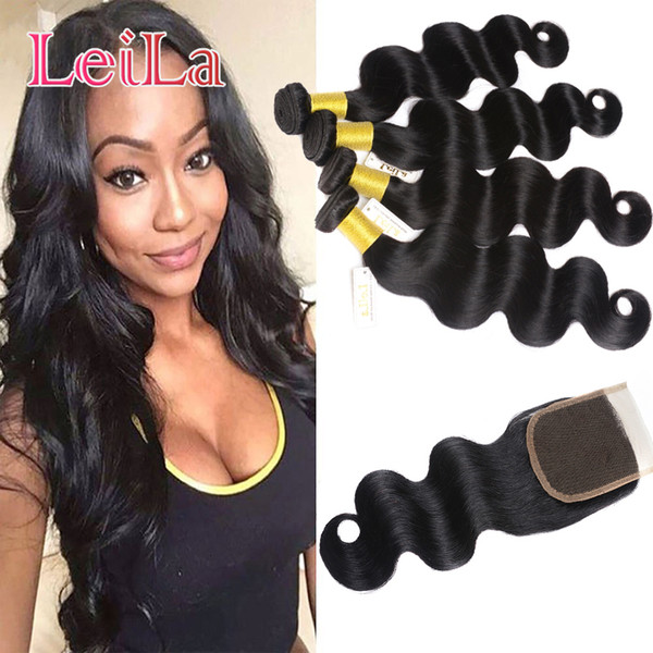 Brazilian Human Hair 3 Bundles With 4x4 Lace Closure Middle Free Three Part Natural Color Body Wave Hair Extensions