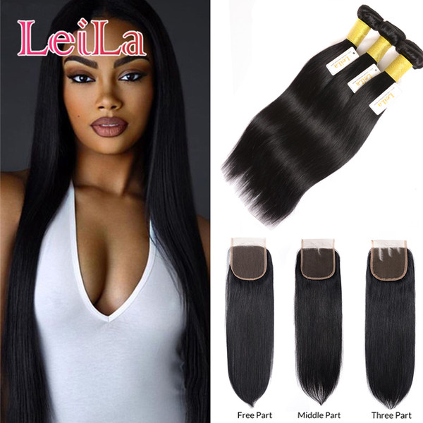 Peruvian Virgin Hair Straight Hair Bundles With Closure 4Pcs Lot 3 Bundles With 4X4 Free Closure 100% Human Hair Extentions weave