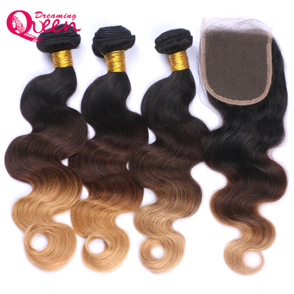 T1B 4 27 Body Wave Ombre Brazilian Virgin Human Hair Bundles Weaves 3 Pcs With 4x4 Bleached Knots Lace Closure With Baby Hair 