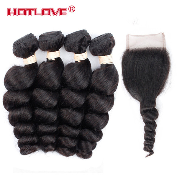 HOTLOVE Indian Loose Wave With Closure 4 Bundles India Virgin Hair Loose Curl Weave With Closure Grade 8A Unprocessed Human Hair Weave