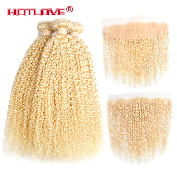 Blonde Kinky Curly 613 Blonde Human Hair Bundles with Lace Frontal Brazilian Virgin Remy 3 Bundles With 13x4 Ear to Ear Closure Hotlove