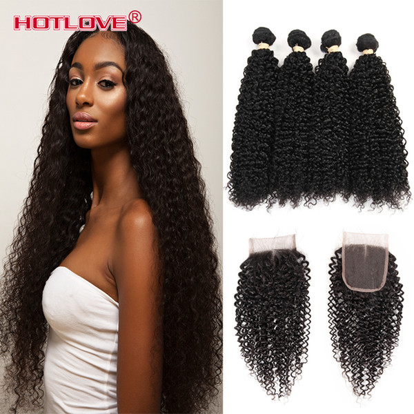 Hotlove Wholesale Unprocessed 8A Brazilian Afro Kinky Curly Virgin Hair 4 Bundles with Lace Closure Brazilian Curly Hair Human Hair Weave