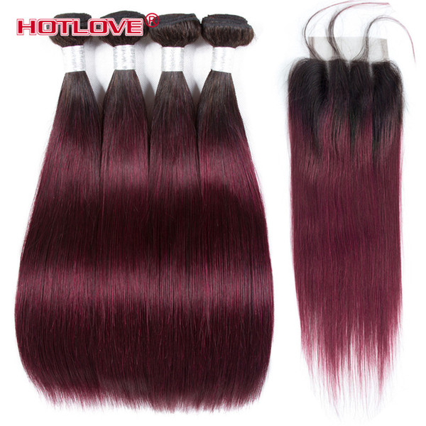 Two Tone Color 1B/99J Dark Roots Ombre Brazilian Hair Straight 4 Bundles With Closure Wine Red Ombre Human Hair Extensions 5Pcs/Lot