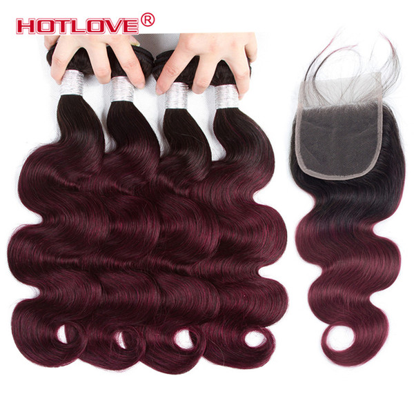 Ombre Bundles With Closure Professional Pre Colored 1B/99J Wine Red Brazilian Body Human Hair 4 Bundles With Closure Ombre Hair Extensions