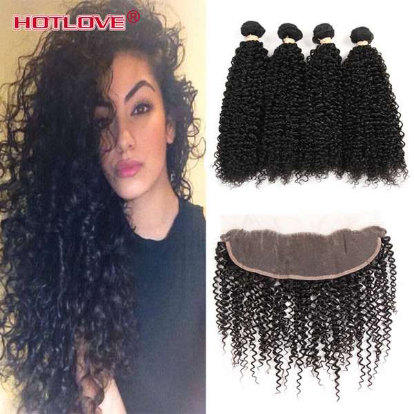 Grade 8A Malaysian Curly Hair With Frontal Closure Free Part Malaysian Virgin Kinky Curly 4 Bundles Human Hair With Closure Ear to Ear