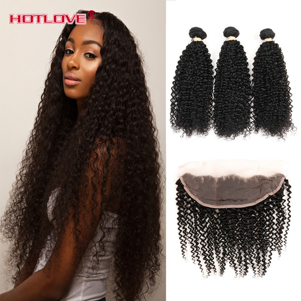 Hotlove Products Kinky Curly Peruvian Hair Weave 3 Pieces Human Hair bundles With Closure Frontal Unprocessed Virgin Curly Hair Extensions