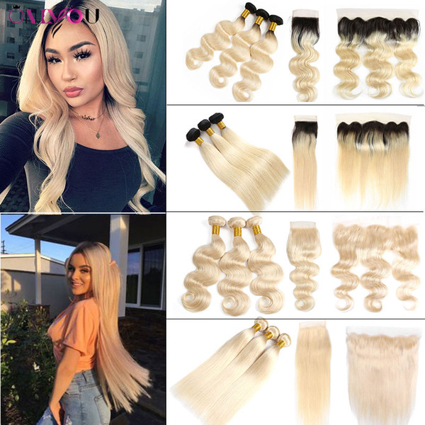 Onlyouhair® 1B 613 Ombre Human Hair Bundles with Closure Brazilian Virgin Hair Body Wave Straight 613 Blonde 3 Bundles with Lace Frontal