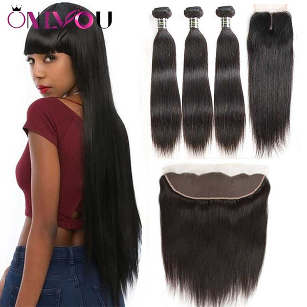 Onlyou Hair® 9a Brazilian Virgin Hair Straight Bundles with Closure 100% Remy Human Hair Weave 3/4 Bundles with 13*4 Lace Frontal Closure