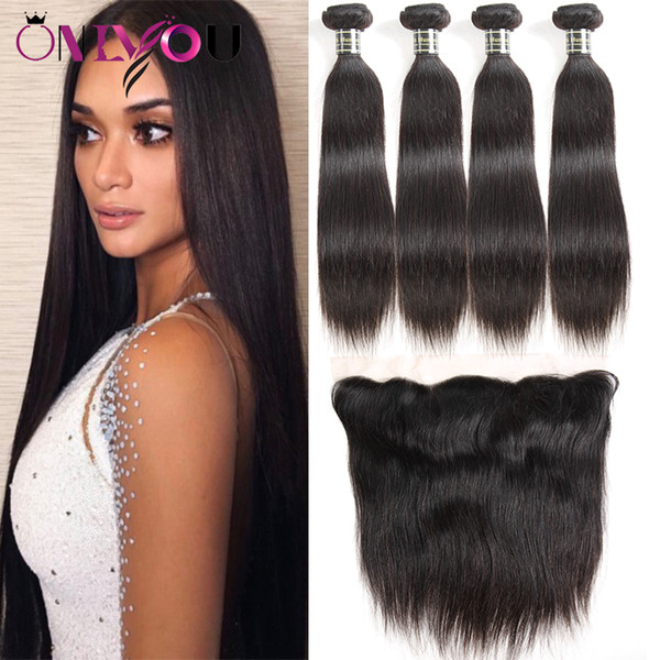 Top 9a Grade Unprocessed Mink Brazilian Virgin Human Hair Extensions 4 Hair Bundles with Lace Frontal Closure Straight Hair Weaves Closure