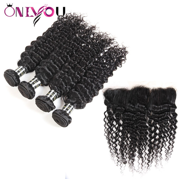 Onlyouhair Peruvian Hair with Frontal Closure Deep Wave Human Hair Bundles with Frontal Ear to Ear Soft Deep Wave Remy Hair Weave Bundles