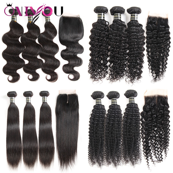 Unprocessed Brazilian Virgin Hair Bundles with Lace Closure 3 Bundle Deals and Middle Part & Free Part Weaves Closure Cheap Human Hair Weave