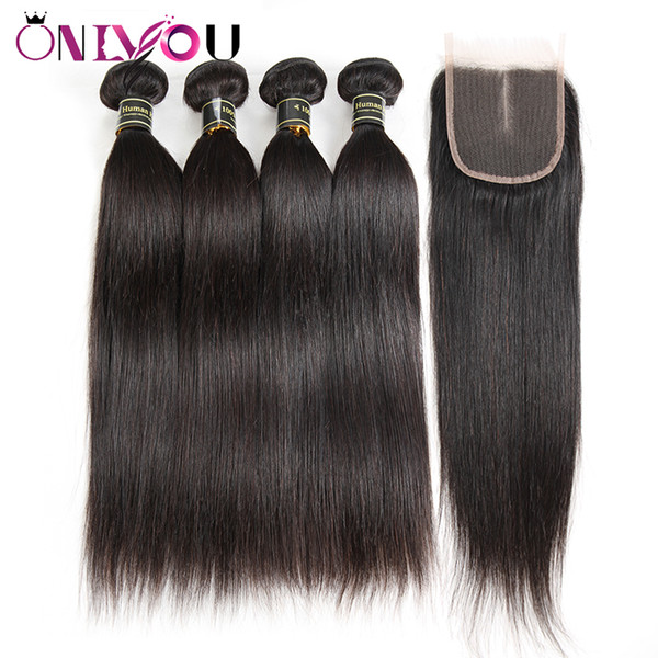 Silk Straight Human Hair Bundles with 4x4 Middle Part Lave Closure Cheap Brazilian Peruvian Raw Indian Virgin Hair Extension Weaves Bundles