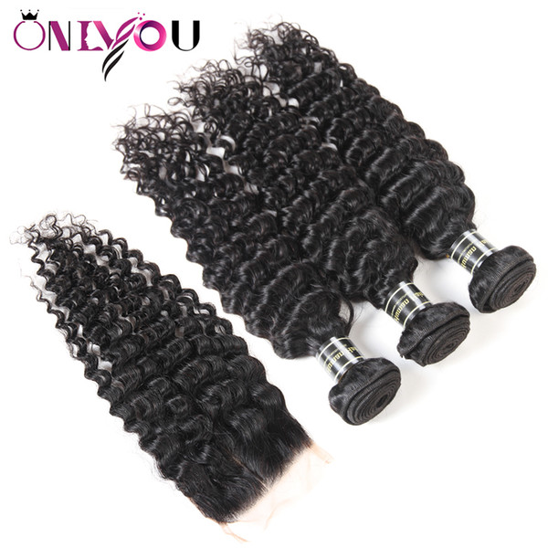 Peruvian Deep Wave Lace Closure 9A Peruvian Virgin Hair 4 pcs Deep Wave Bundles with Closure Drop Hair Wefts with Weaves Closure