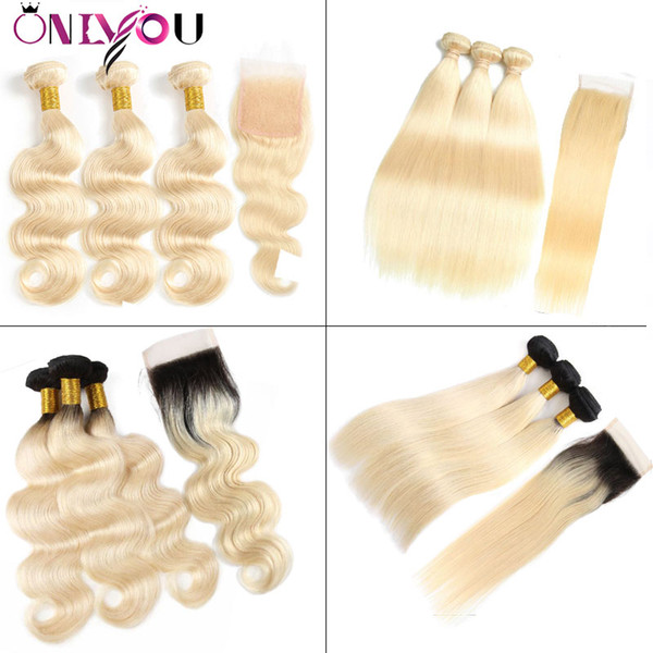 OnlyouHair® 1B 613 Omber Blonde Human Hair Bundles with Lace Closure Frontal Brazilian Virgin Straight Body Wave Human Hair Weaves Extension