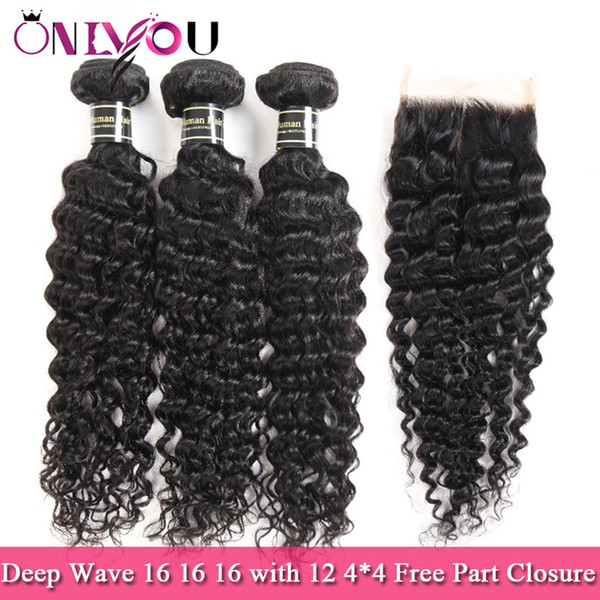 Social Savings Deep Wave Human Hair Bundles with Closure Brazilian Deep Curly 16 16 16 with 12 Lace Closure Remy Hair Weaves Promotion