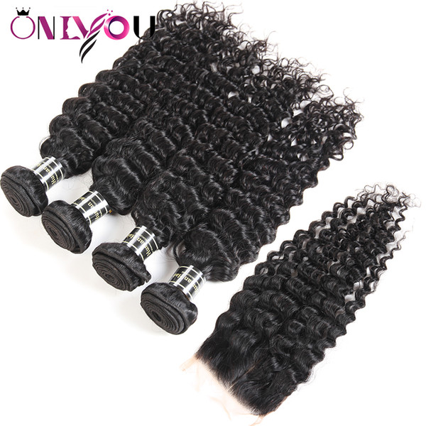 Brazilian Deep Wave Virgin Hair Closure Kinky Curly Human Hair Weave Bundles with Closure Straight 4 Bundles and Weaves Hair Wefts Wholesale