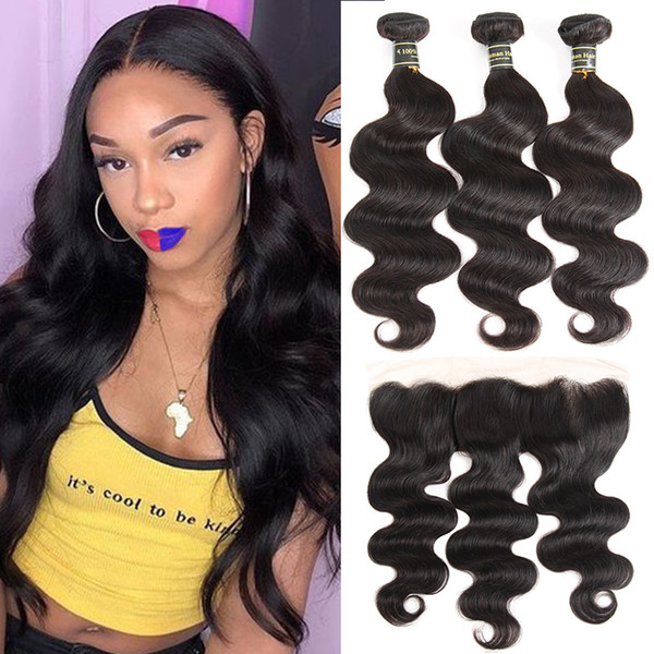 9a Unprocessed Malaysian Virgin Hair Extensions Body Wave Human Hair 3 Bundles with 13x4 Lace Frontal Top Remy Human Hair Wefts with Closure