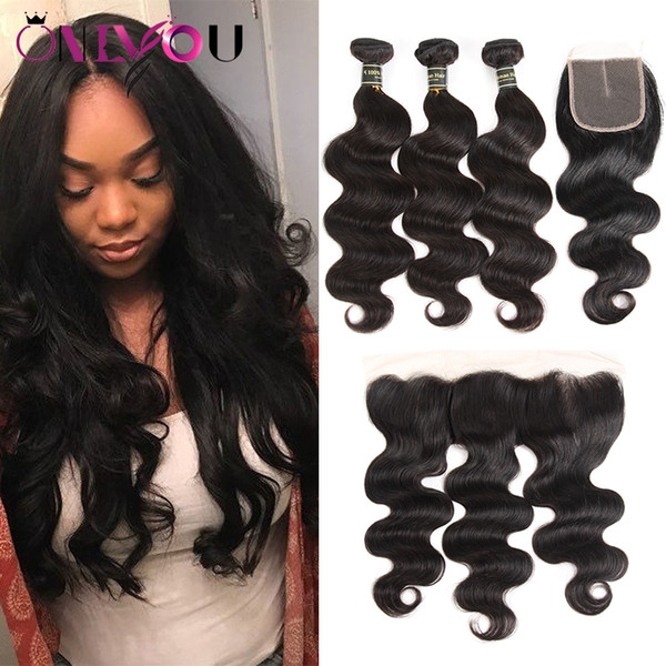 Brazilian Peruvian Body Wave Virgin Hair Bundles with Lace Closure Lace Frontal Bundles Human Hair Weave with Closure Middle & Free Part